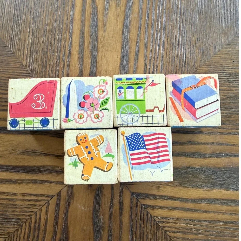Vintage Wood Alphabet Blocks Set of 6 - 1950s Picture Cube Toys - Nursery Decor